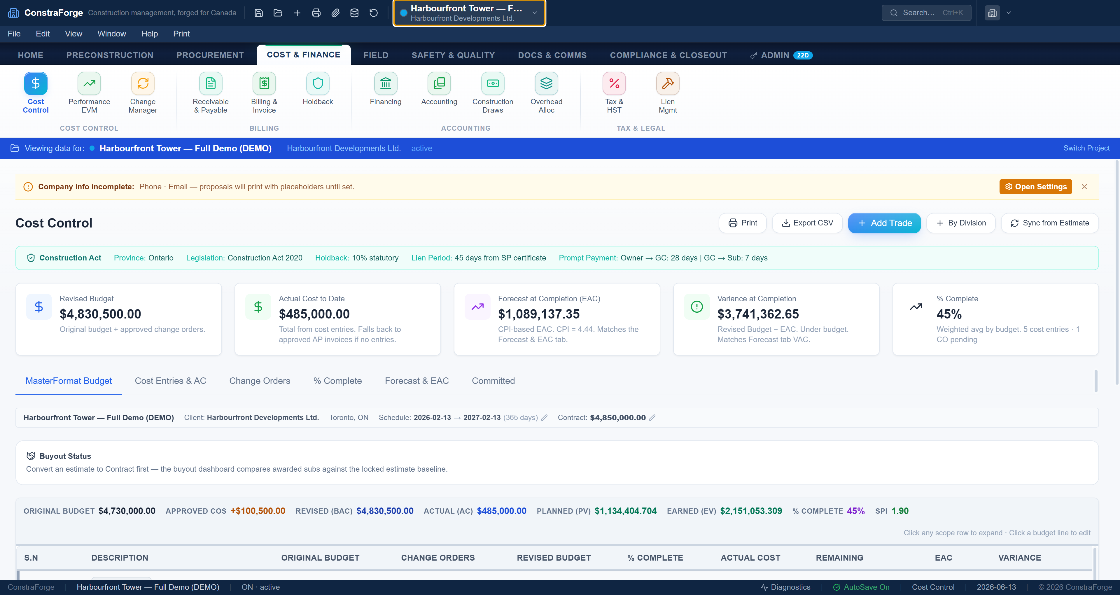 ConstraForge cost-control dashboard — earned value, CPI, per-division variance